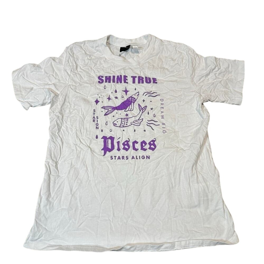 HM Divided Pisces Zodiac T-Shirt Womens Small White Purple Graphic Fish Tee